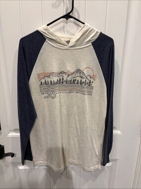 Kids Raglan Hooded Top with Mountain Graphic - Cream & Navy